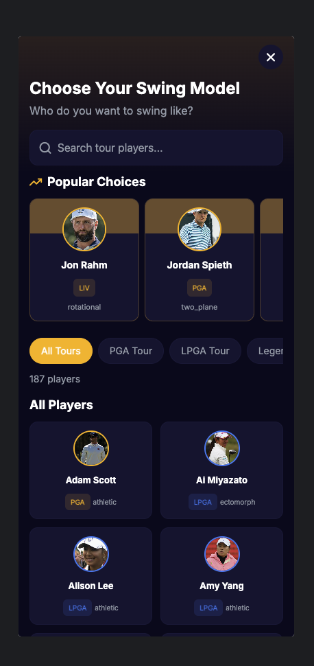 SwingMatch.AI tour player gallery screen