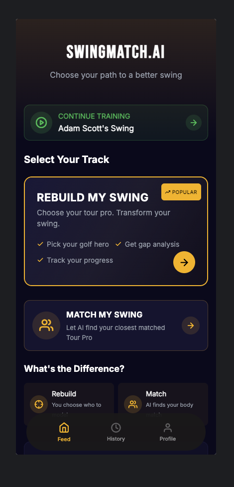 SwingMatch.AI home screen with Match and Rebuild modes